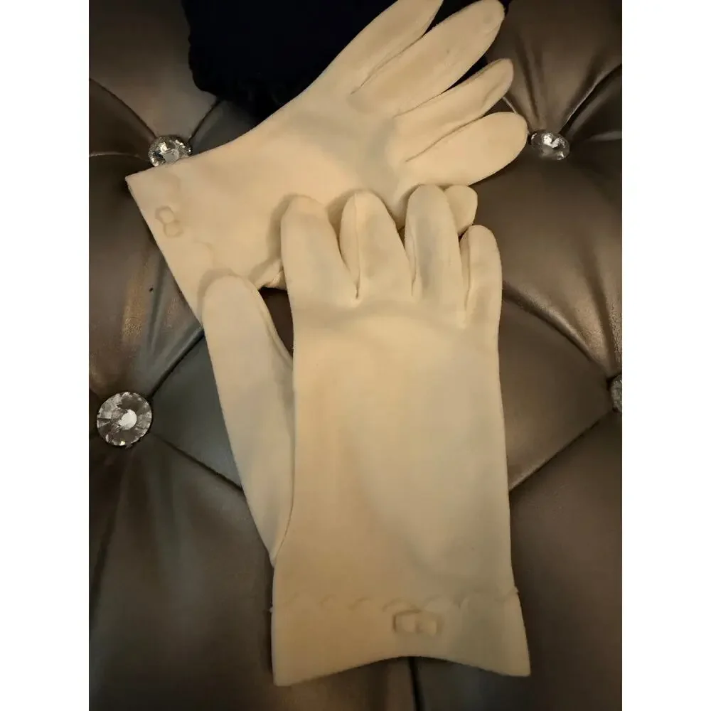 Vintage 1950's Ladies Ivory Dress Gloves Scalloped Cuffs Miniature Bow Accents